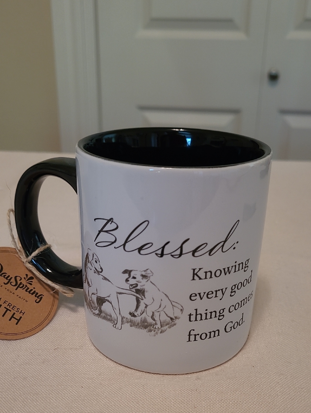 White Ceramic 'Blessed' Dog Illustration Mug with Black Interior